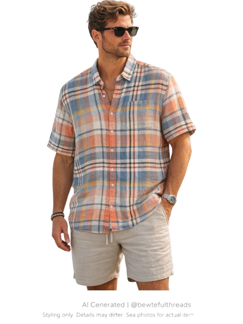 PATRICK ASSARAF XXL multicoloured plaid 100% linen shortsleeved button shirt